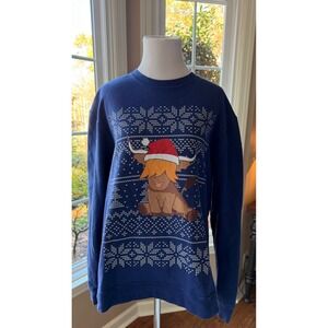 Port & Company Women's Blue Highland Cow Christmas Sweater Long Sleeve Crewneck